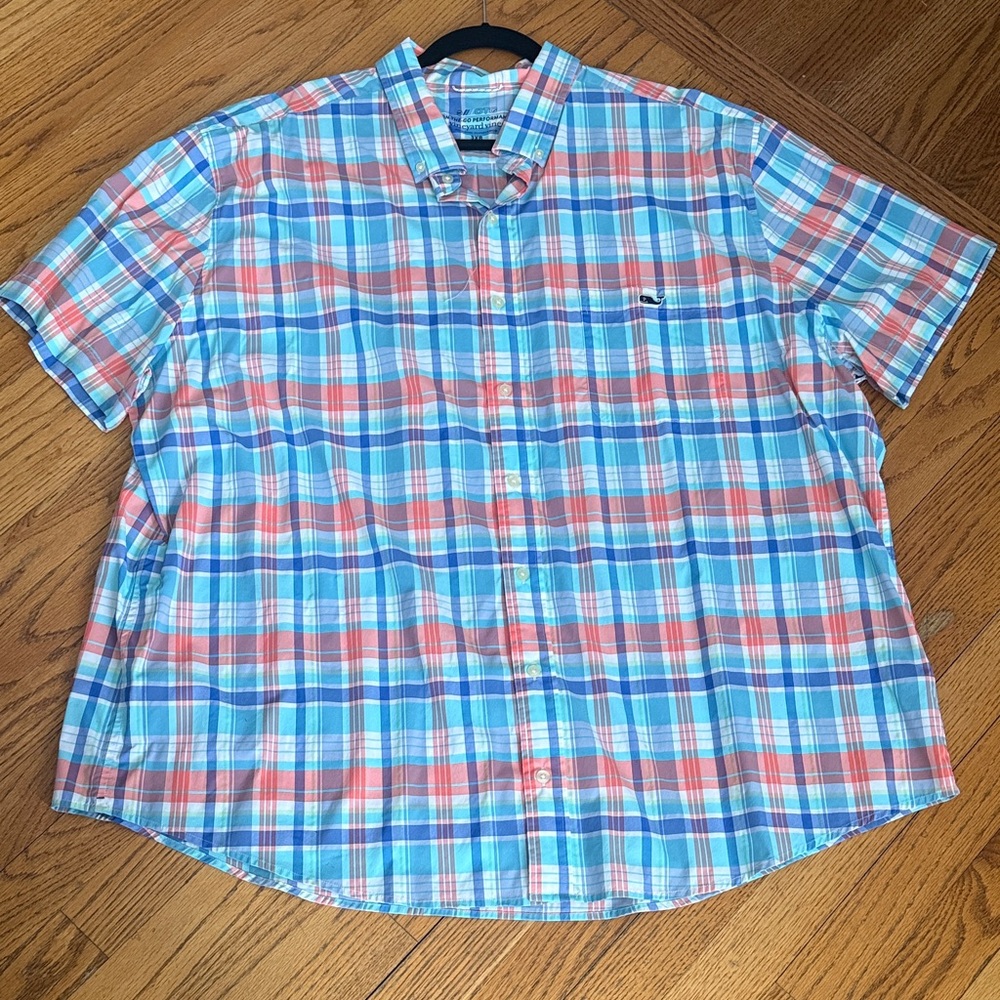 Vineyard Vines Blue and Orange on the go performance Plaid Casual Shirt
